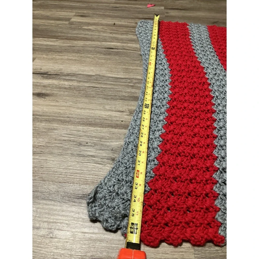 , red, gray crochet blanket. Approx 63X37 Inches